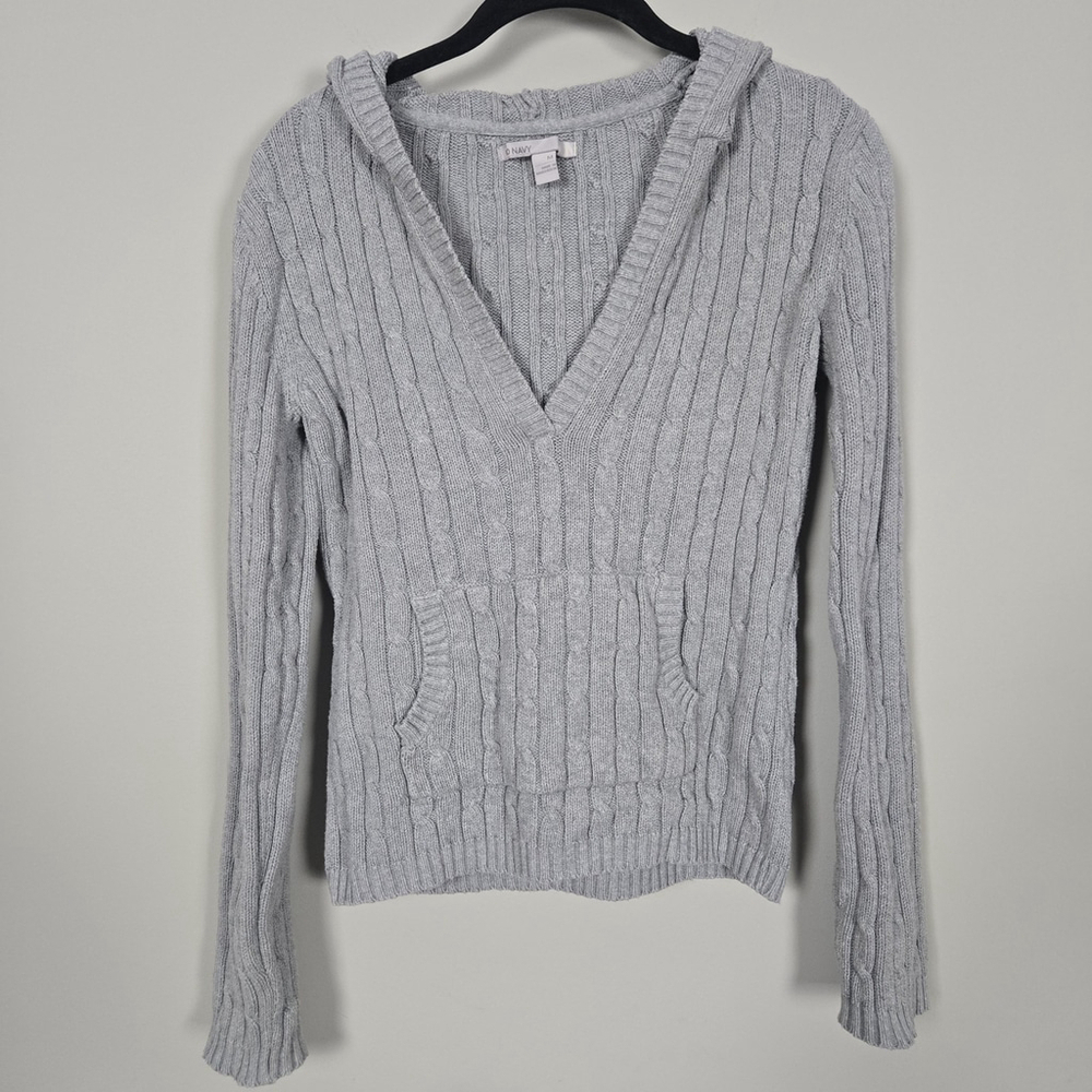 Vintage Old Navy Womens Y2K Cable Knit Hooded Sweater Medium Grey V Neck Preppy